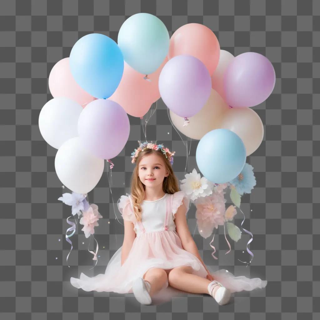 Girly girl sitting under balloons with pink dress