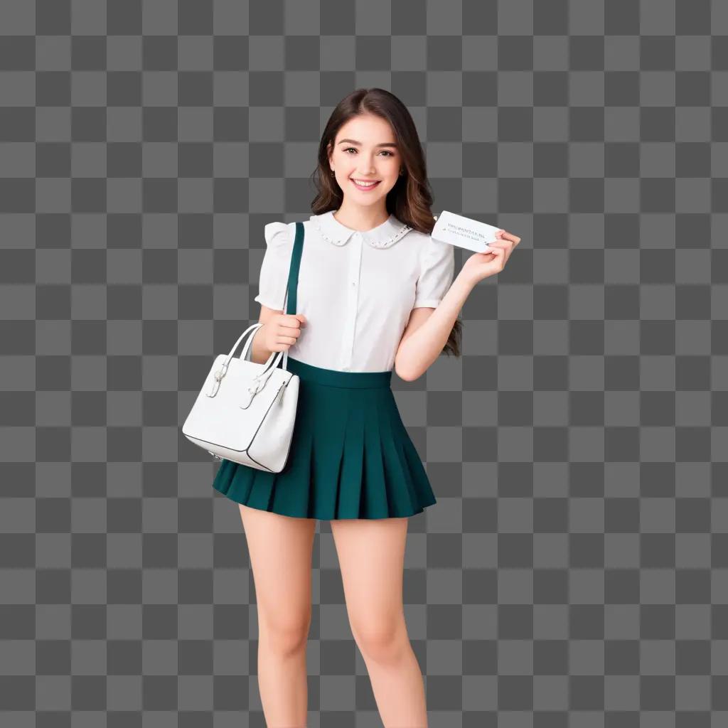 Girly girl with a white purse holding a business card