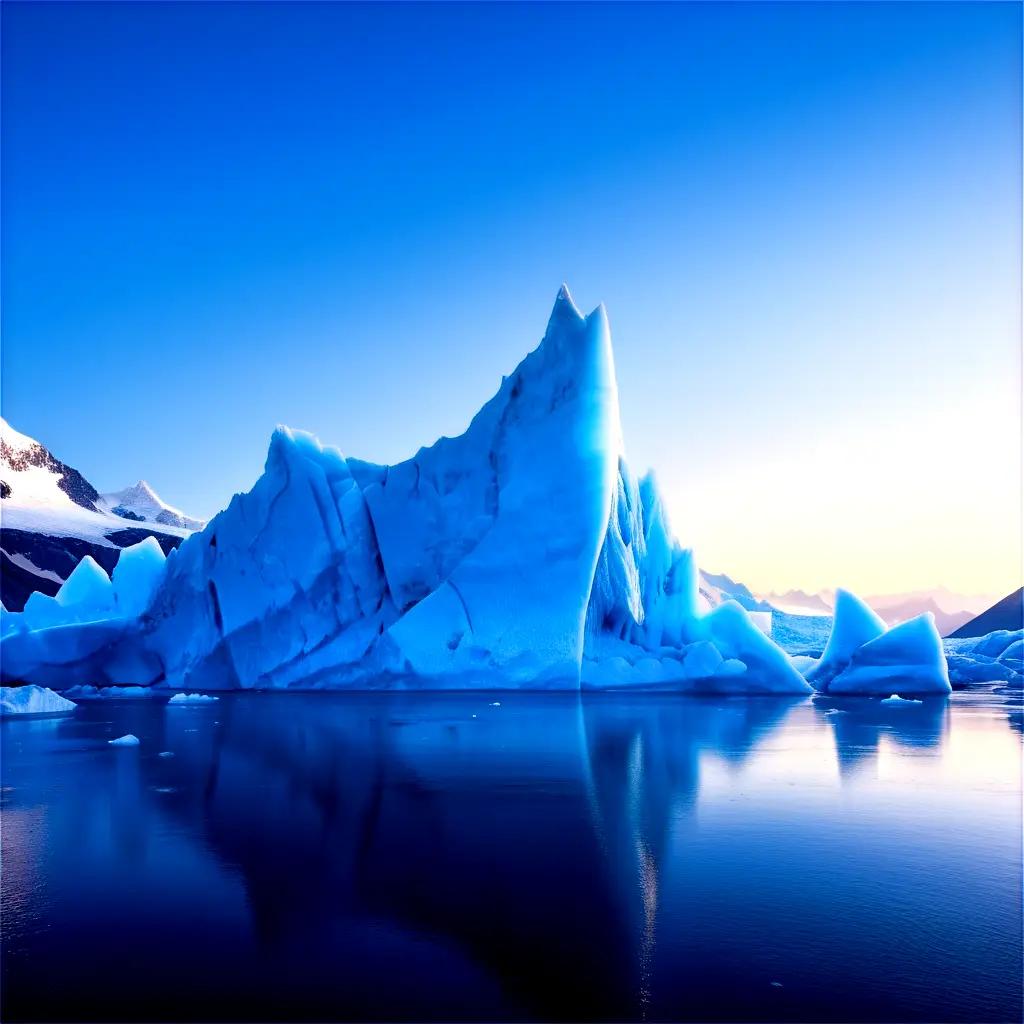 Glacial ice calving into ocean at sunset