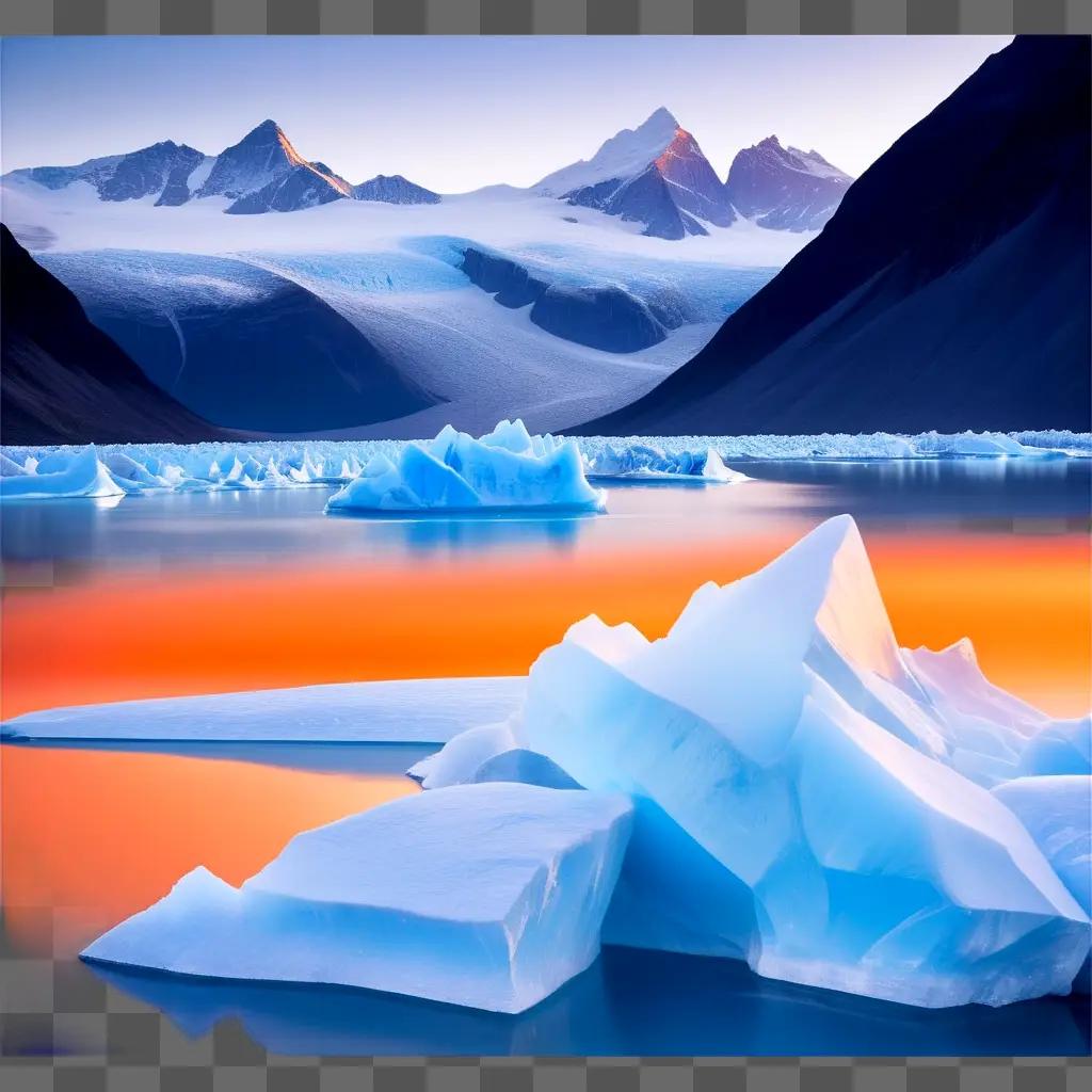 Glacial ice floating on a lake at sunset