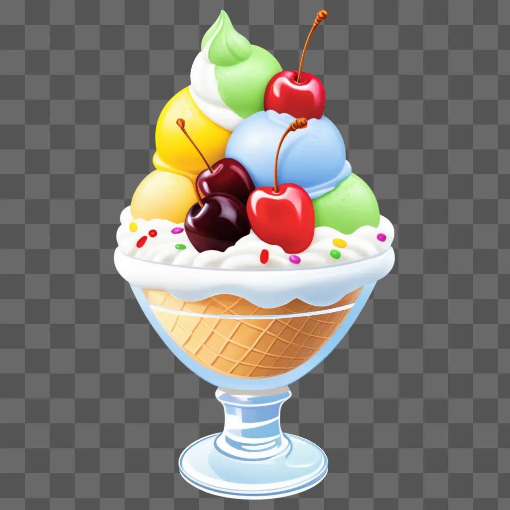 Glass ice cream sundae with assorted toppings and cherries