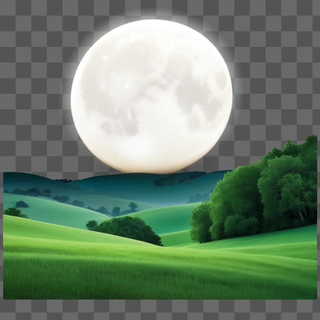 Glowing moon in the night sky over green hills