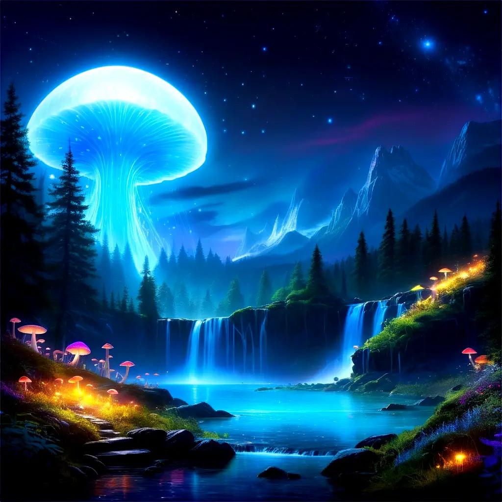 Glowing mushrooms and a waterfall create an otherworldly scene