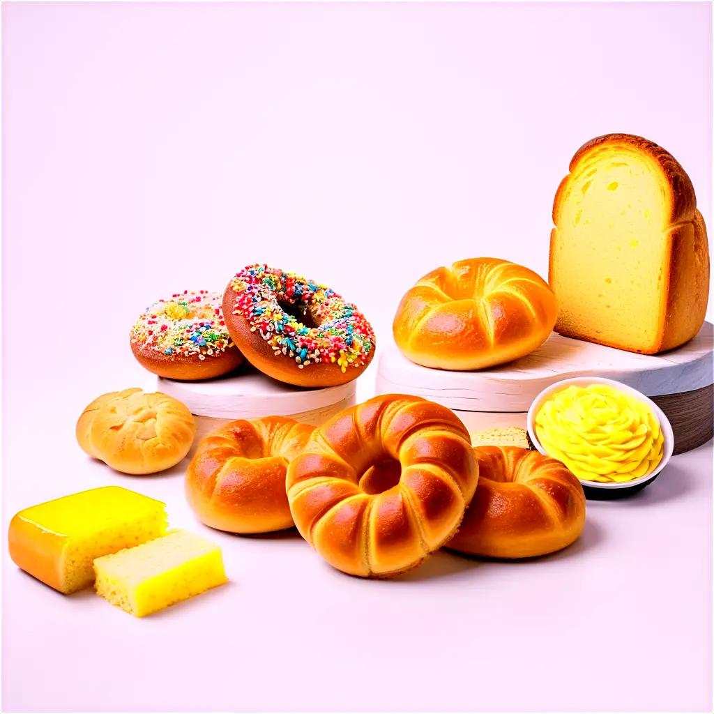 Gluten free bread with pastries on pink background