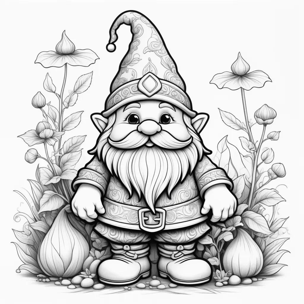 Gnome coloring page with plants and flowers in black and white