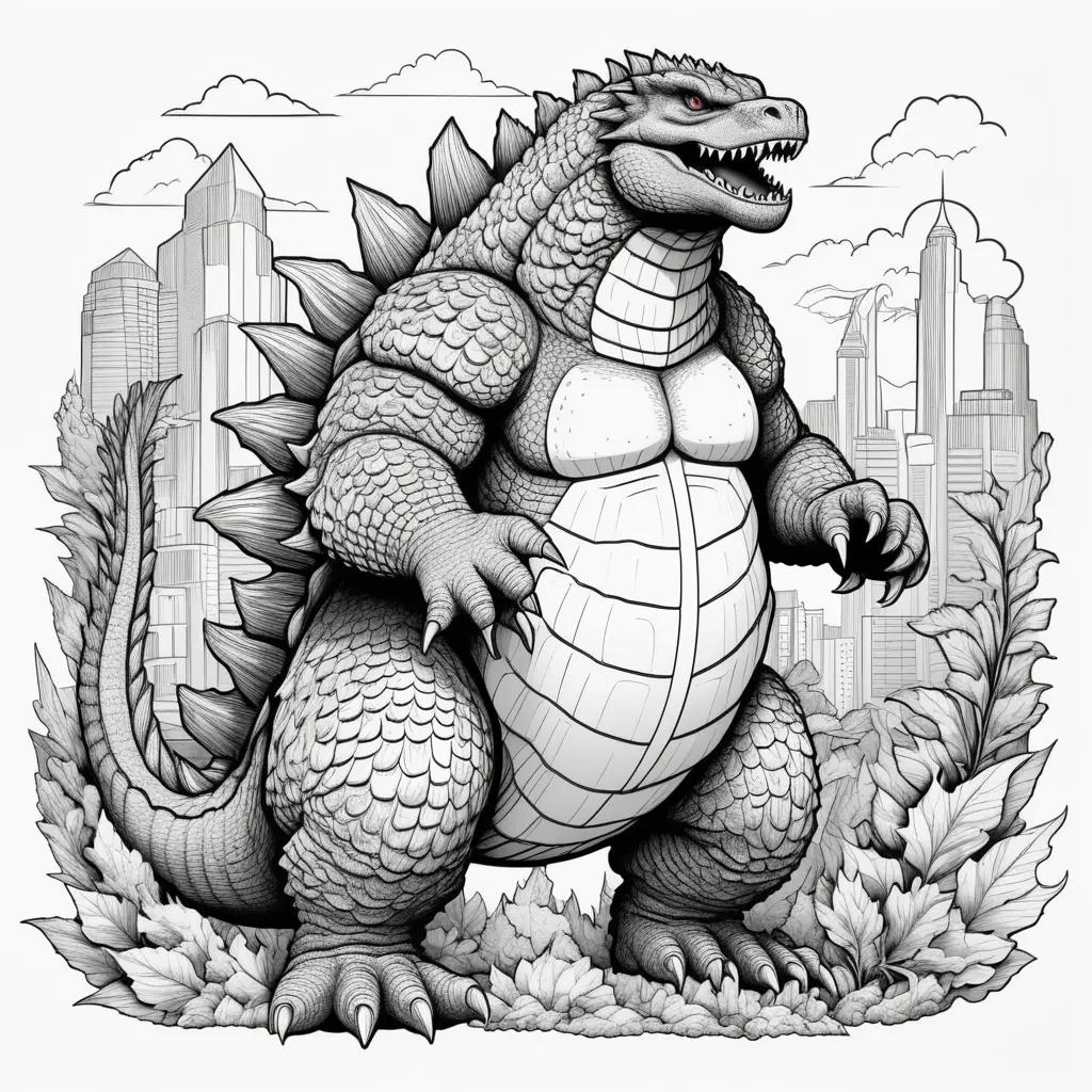 Godzilla coloring page with a city background