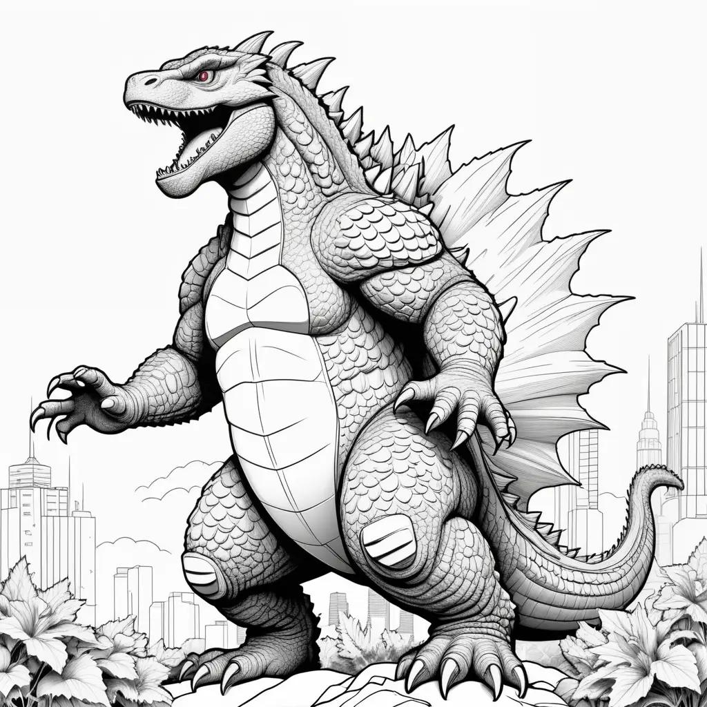 Godzilla coloring pages featuring a monstrous creature in black and white