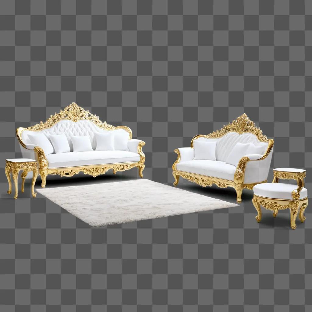 Gold accent couch and chair set with white pillows