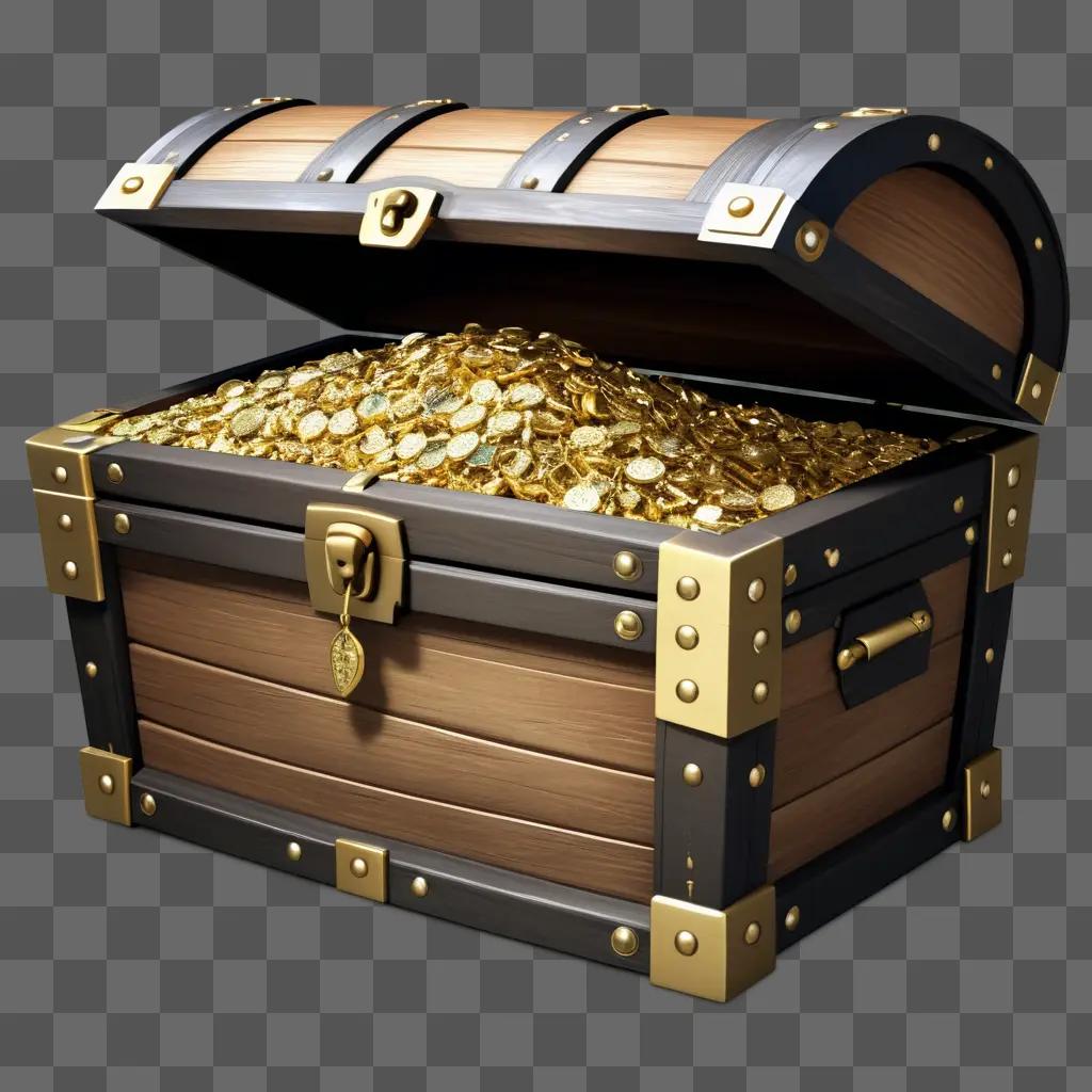 Gold coins fill a wooden chest with gold clasps