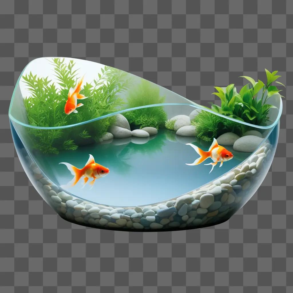 Gold fish swimming in a glass aquarium with rocks