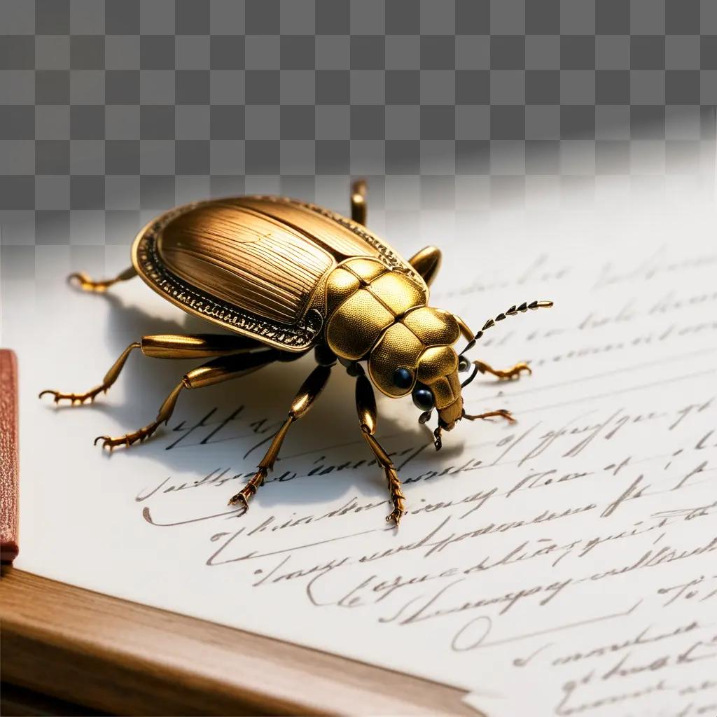 Golden bug on a book page with writing