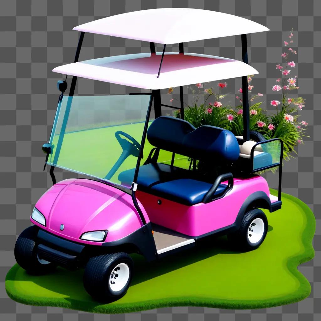 Golf cart in pink color in front of pink flowers