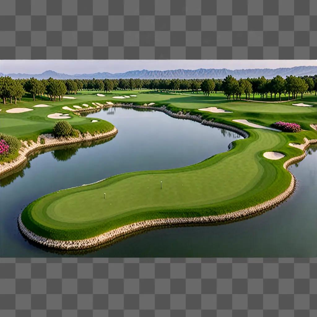 Golf course with water features and green grass