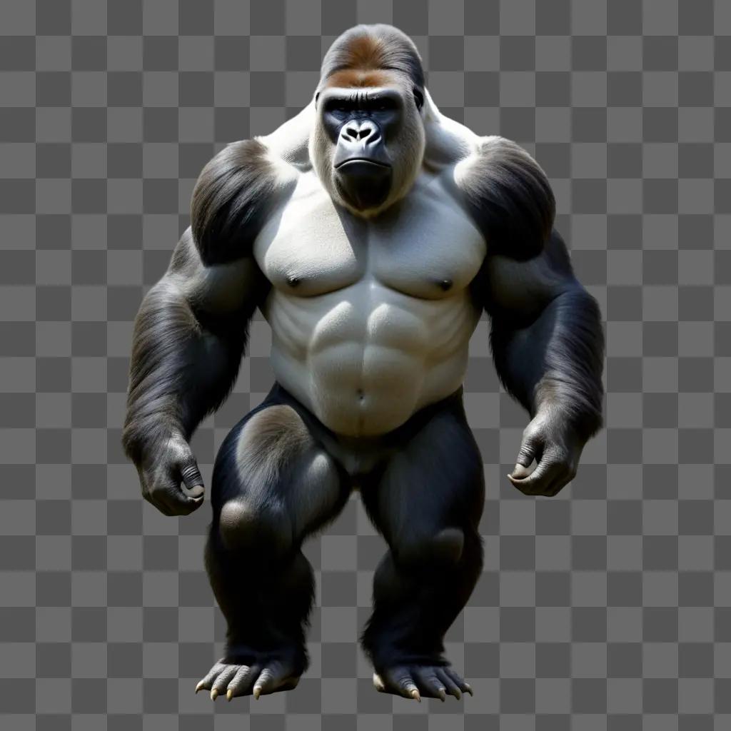 Gorilla flexes muscles in a light background