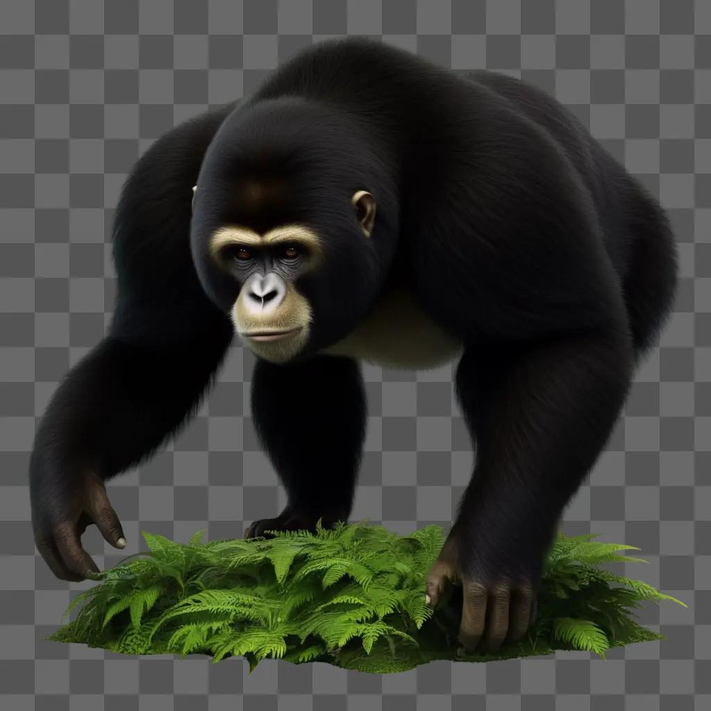 Gorilla with long black hair on a green grassy hill