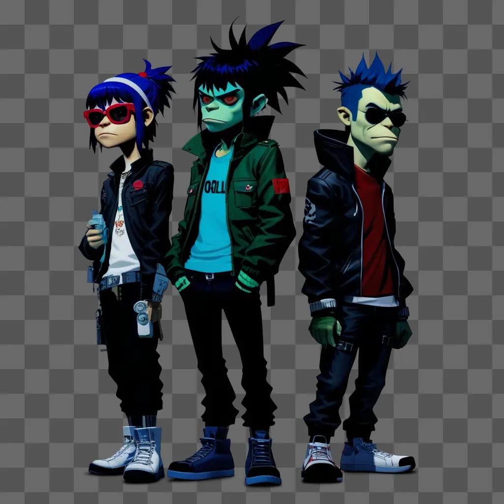 Gorillaz trio stand in black in their signature poses