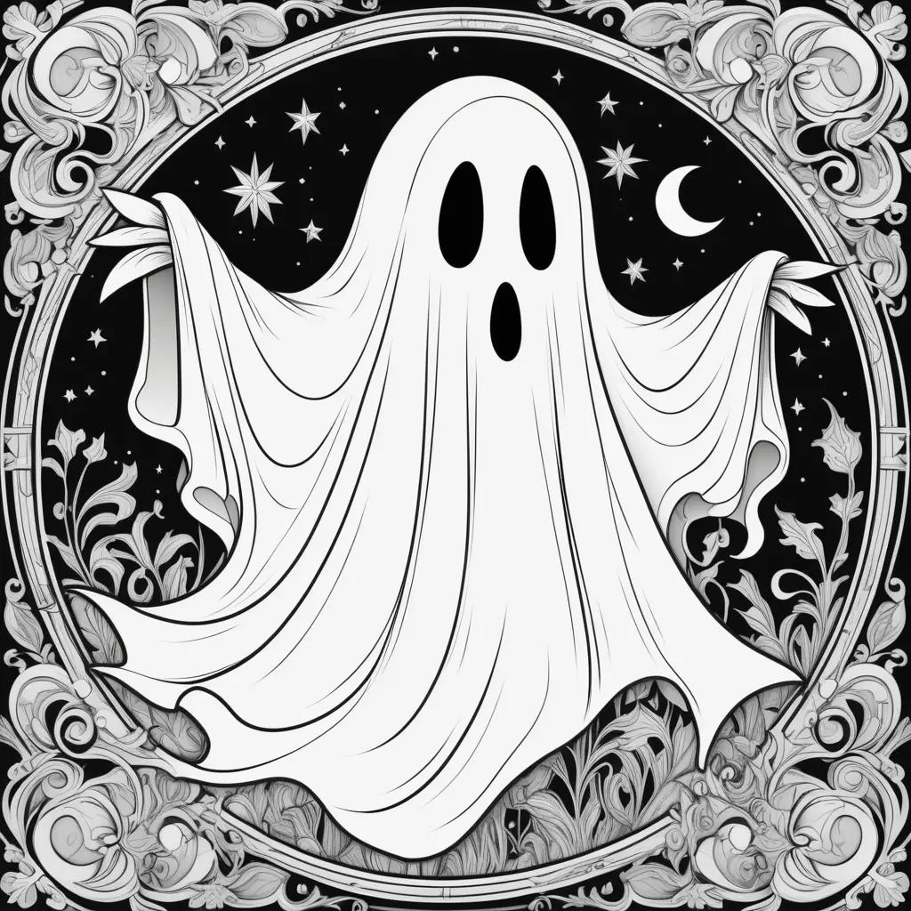 Gothic Ghost Coloring Page with Starry Night Background