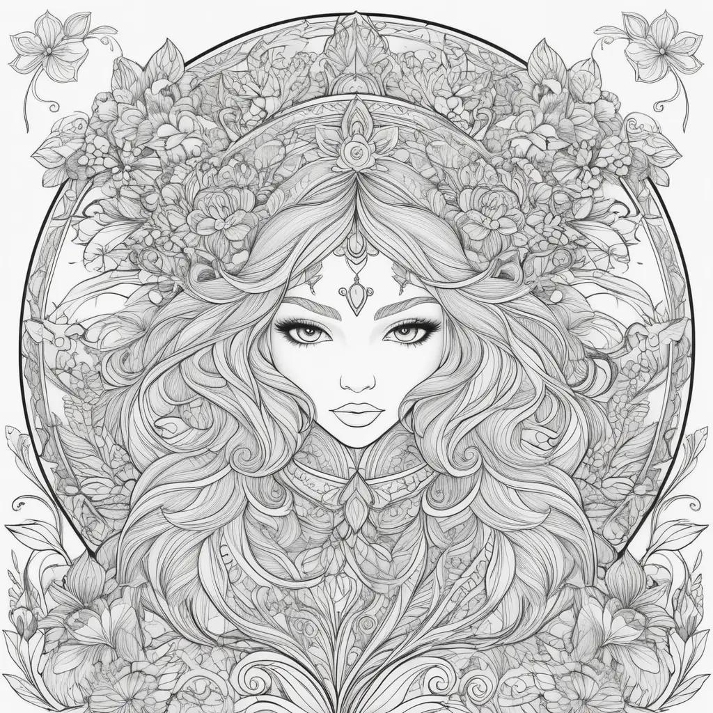 Gothic floral girl with flowers coloring pages for adults