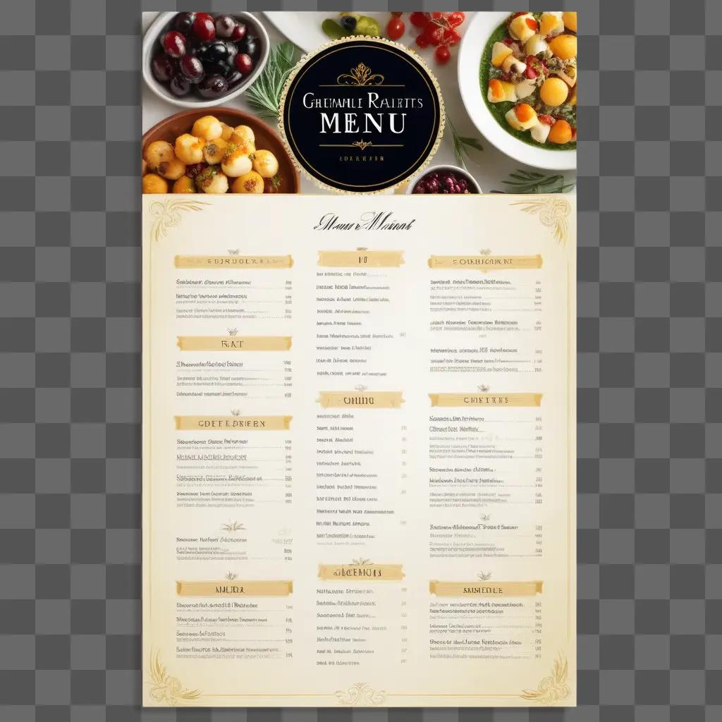 Gourmet menus displayed on a gold background