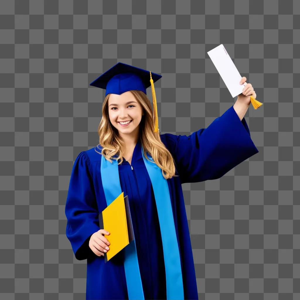 Graduate in blue gown holding diploma and book