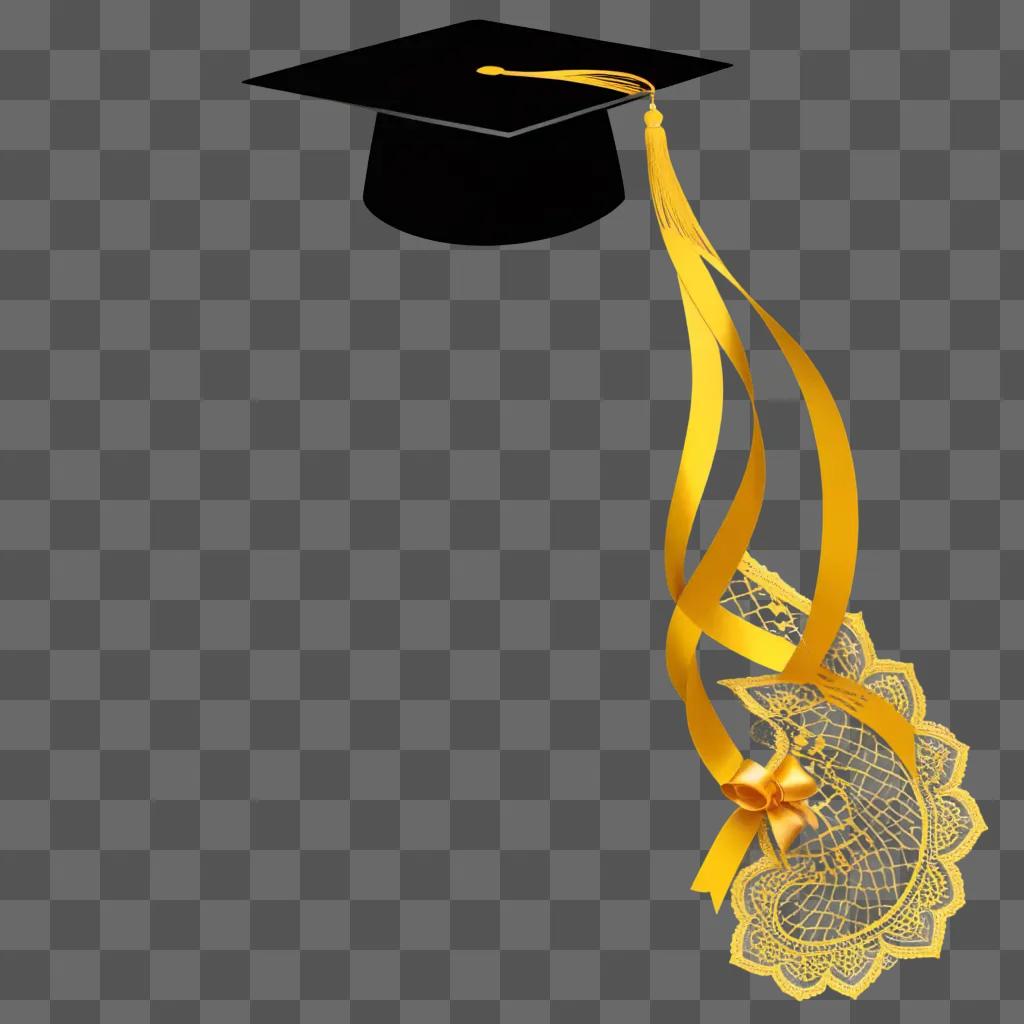 Graduation cap with yellow ribbon and bow