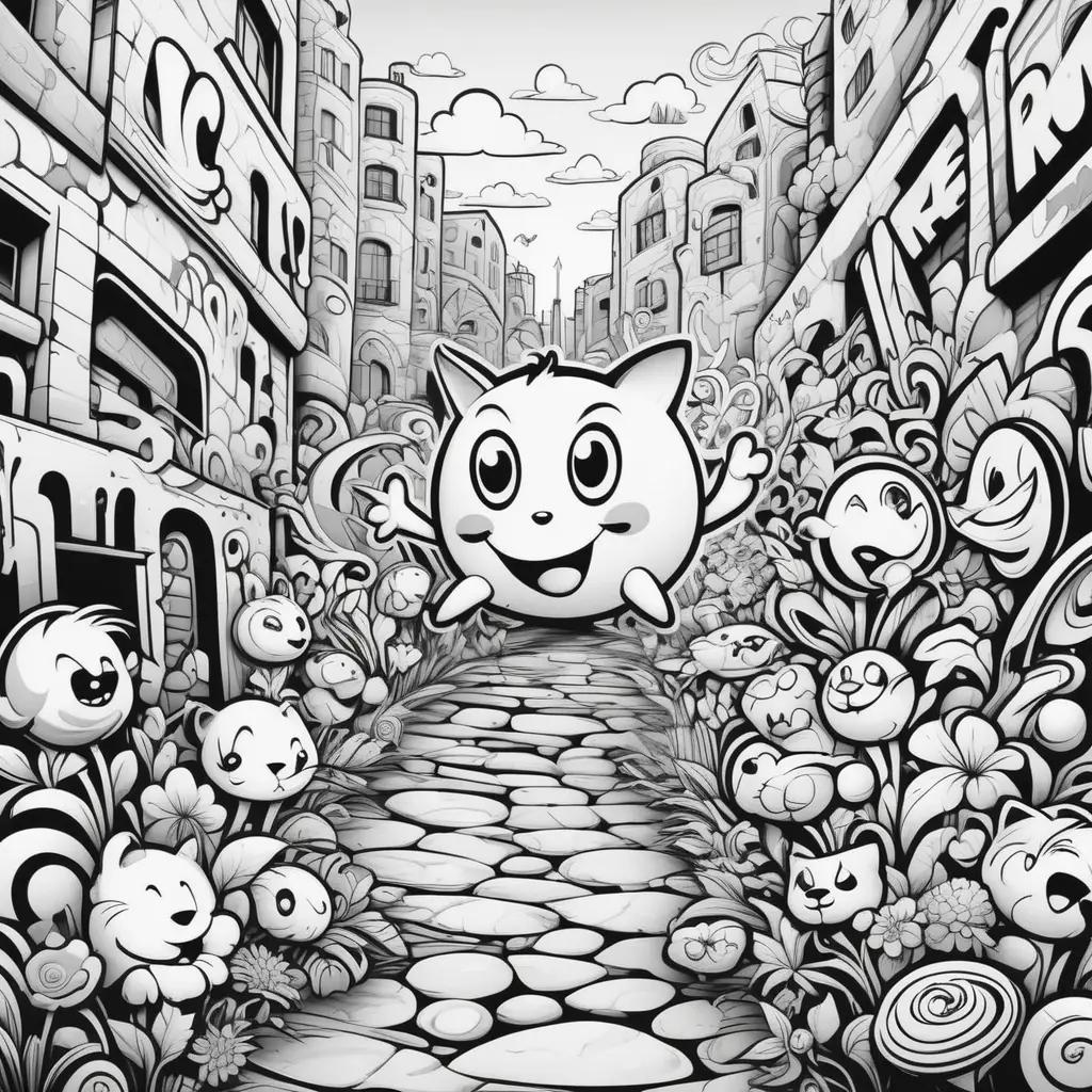 Graffiti Coloring Pages: Cartoon Animals on a Street