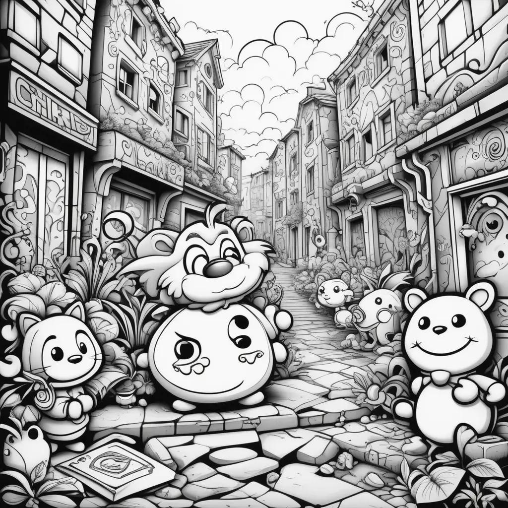 Graffiti Coloring Pages: Cartoon Animals on a Street