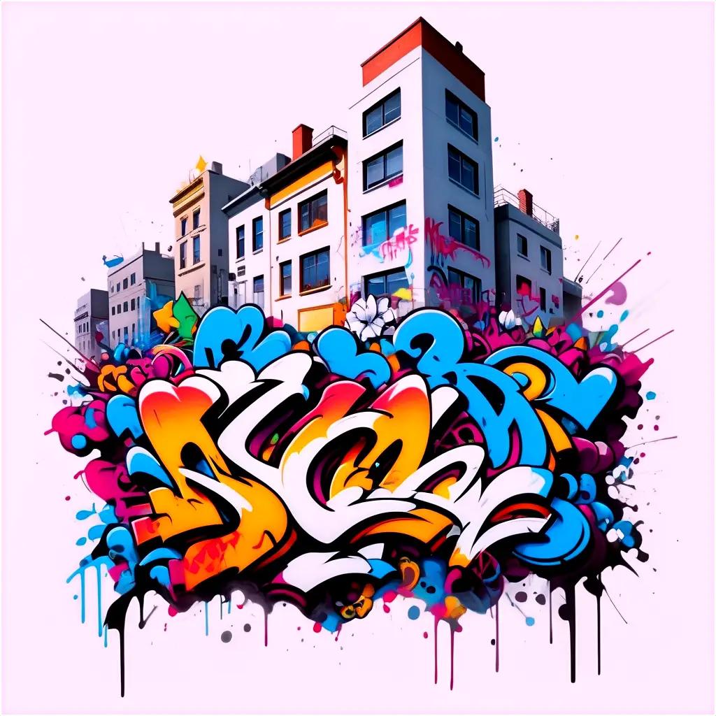 Graffiti art in the city skyline with colorful buildings