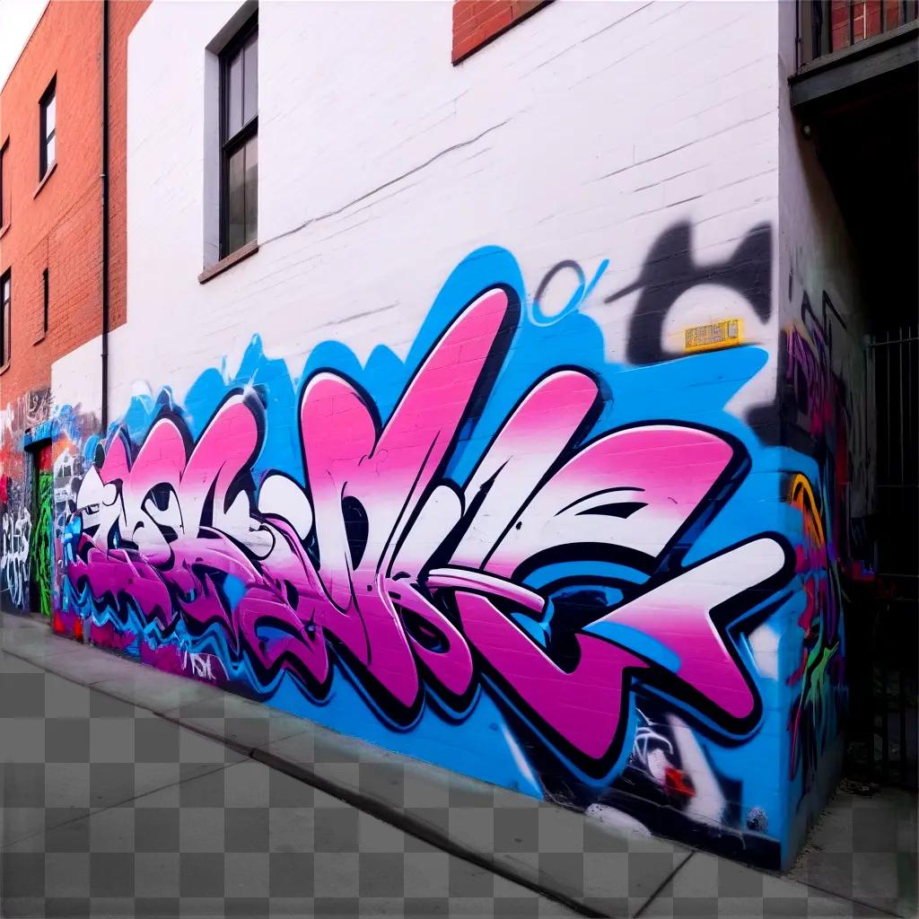 Graffiti art on a brick wall, blue and pink