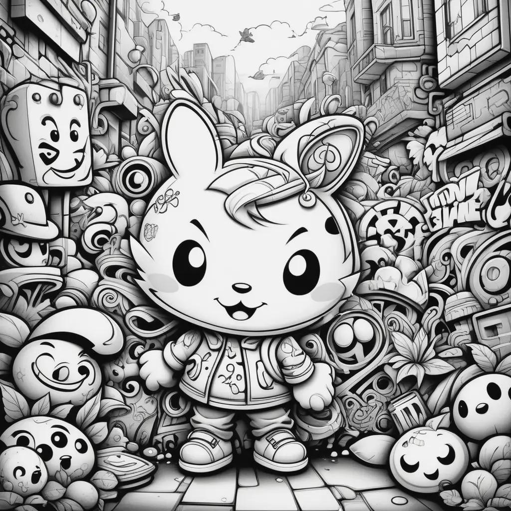 Graffiti coloring pages: black and white illustration of cartoon character