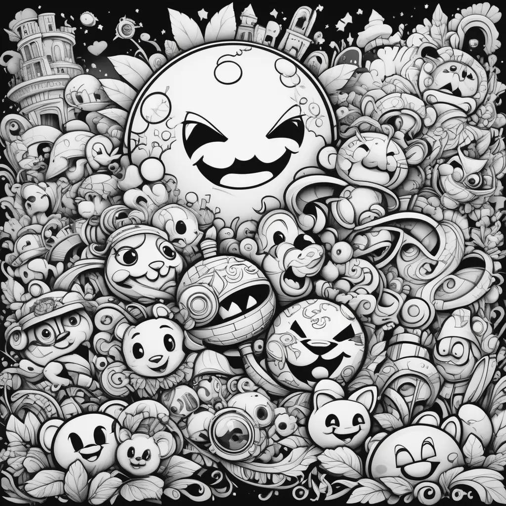 Graffiti coloring pages with cartoon faces and objects