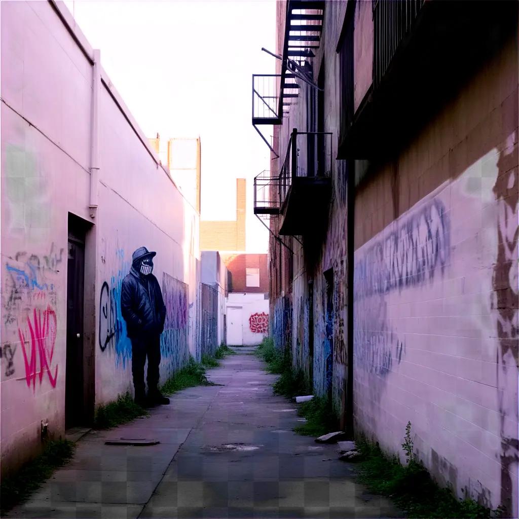 Graffiti-covered alley with person in dark clothes