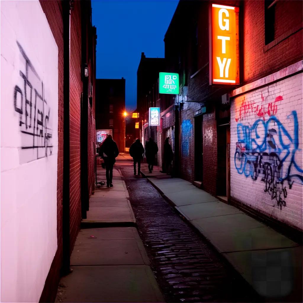 Graffiti-filled alley with people walking