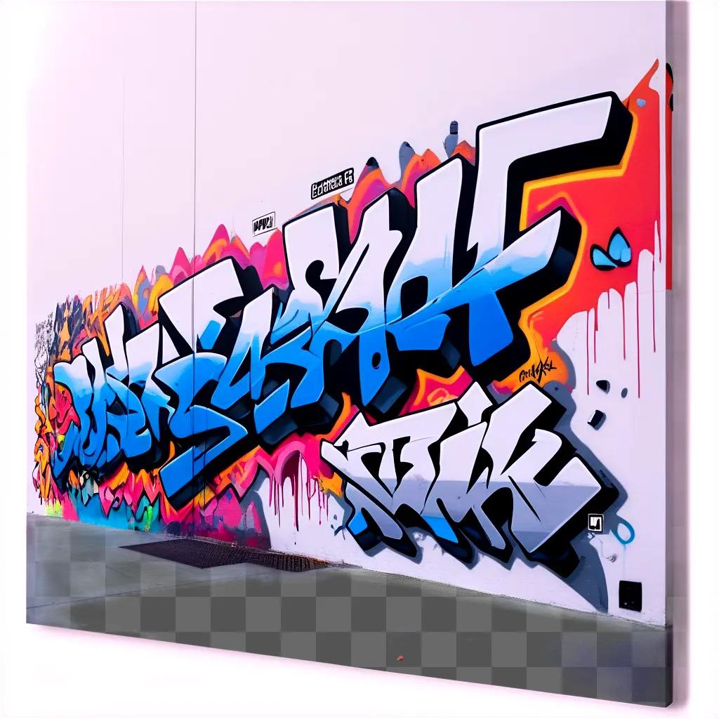 Graffiti on a white wall with a blue and orange background