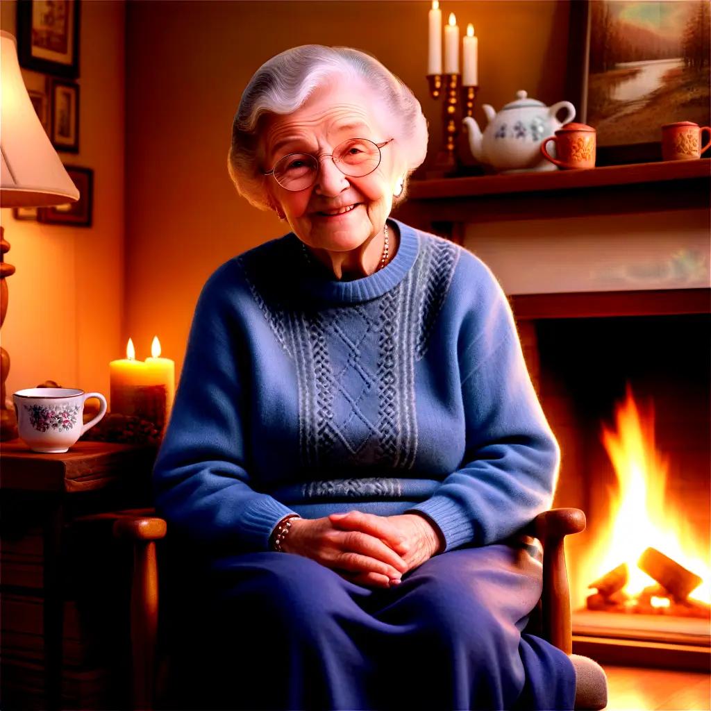 Grandma sits by a fire in her blue sweater