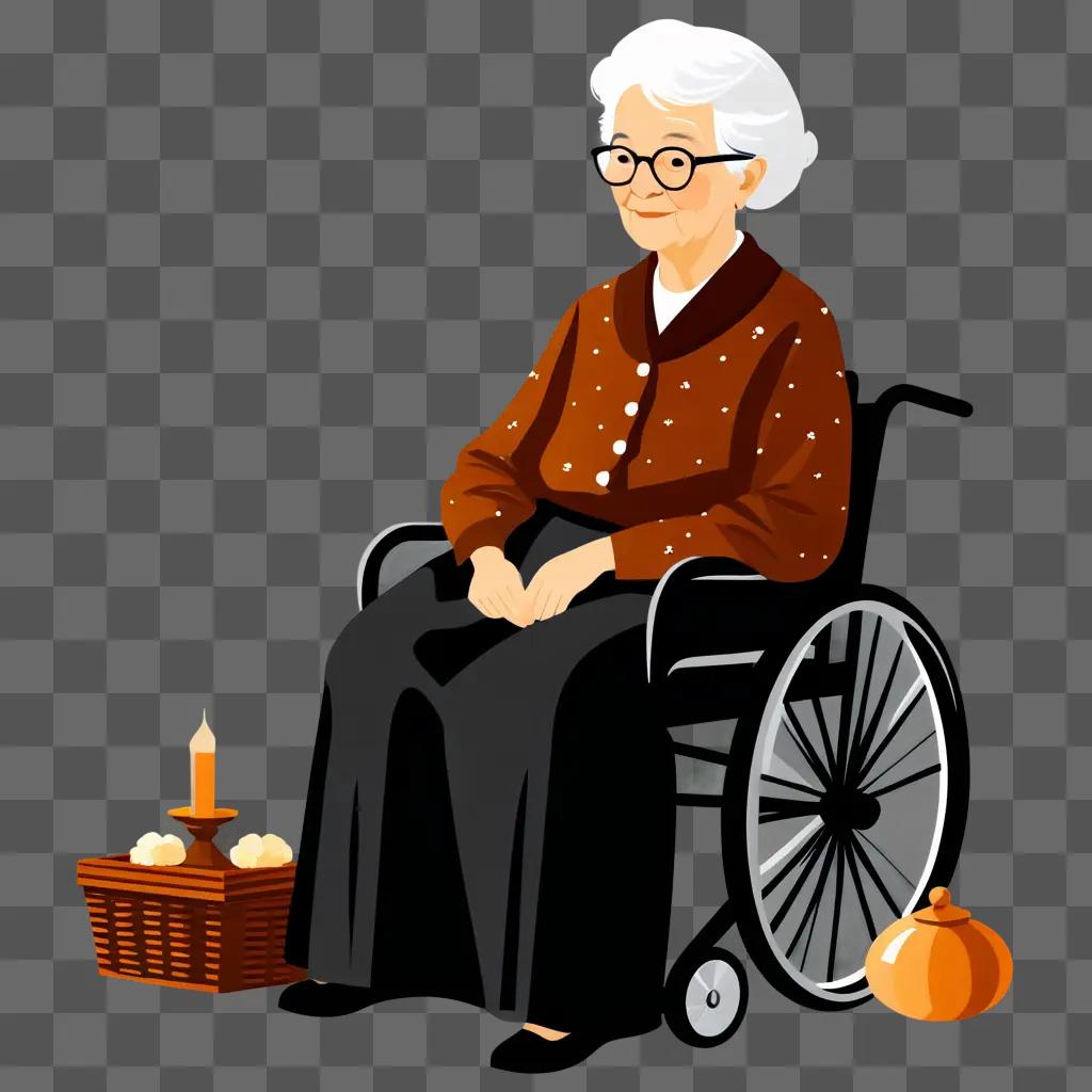 Grandma sits in her wheel chair with a pumpkin and a candle