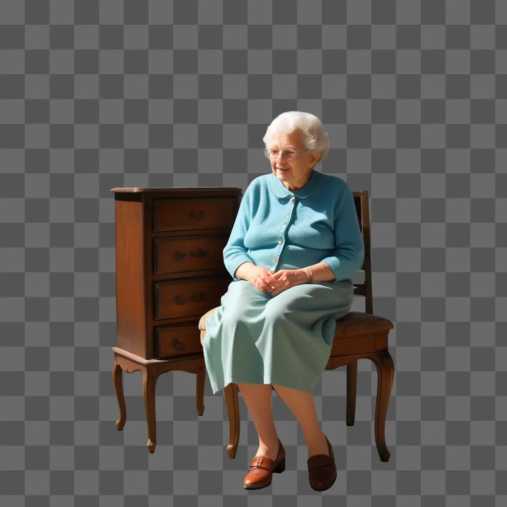 Grandma sits on chair with drawers in the background