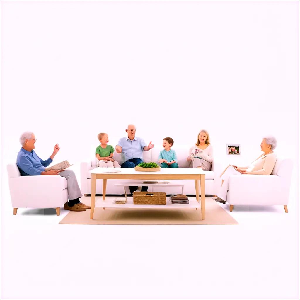 Grandparent and family gathered in living room