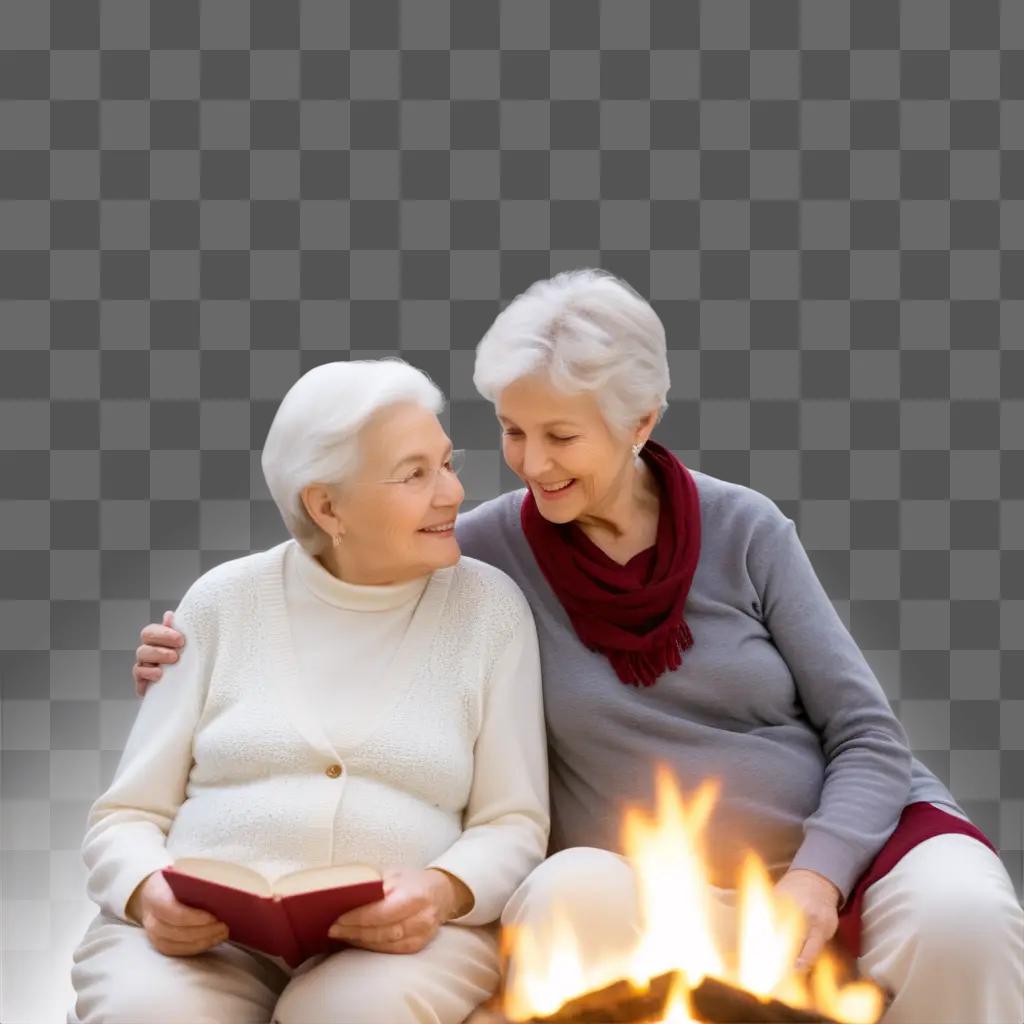 Grandparents read together by a fire