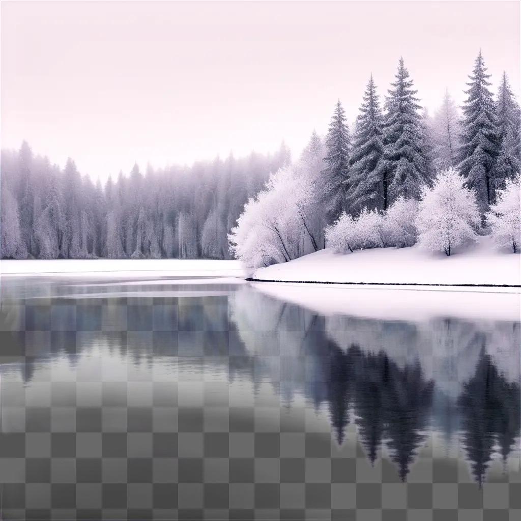 Gray winter landscape with snowy trees and lake