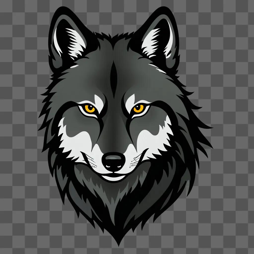 Gray wolf drawing with yellow eyes against black background