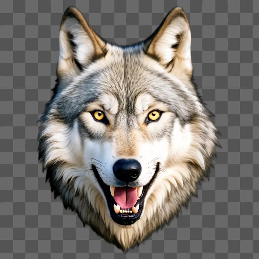 Gray wolf head with yellow eyes and a mouth open