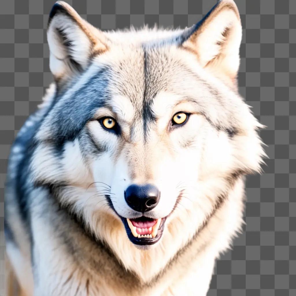 Gray wolf with white eyes and yellow teeth