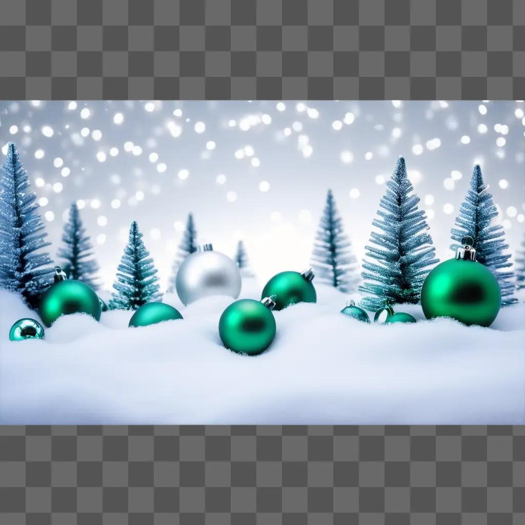 Green Christmas background with snow and ornaments