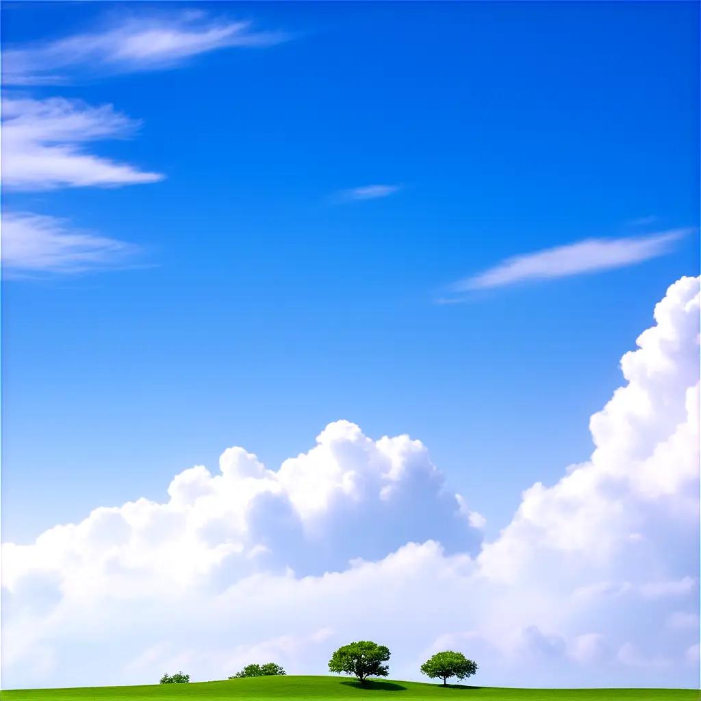 Green Field with Trees and Clouds in the Sky