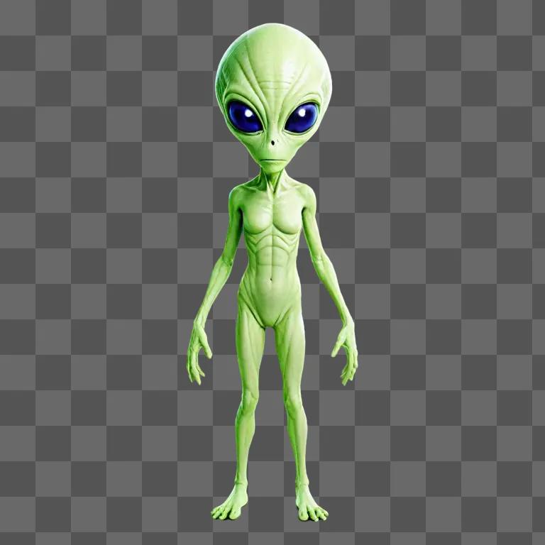 Green alien with blue eyes stands on green background