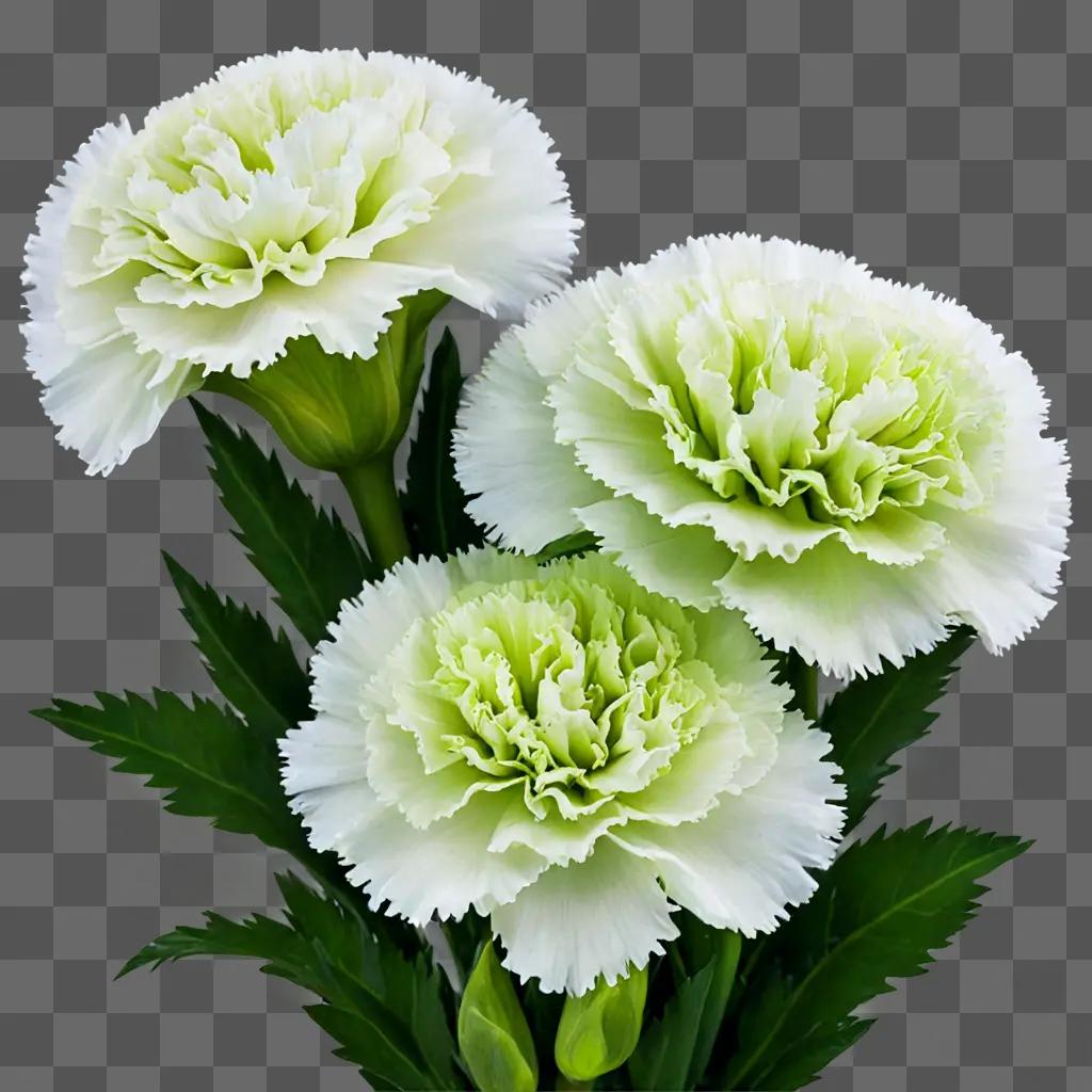 Green and white carnations are in a flower arrangement