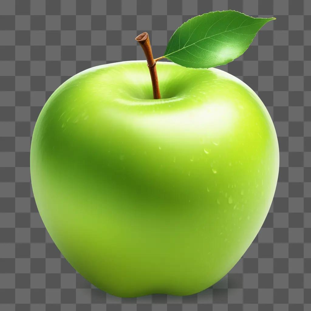 Green apple with stem and leaf on a green background