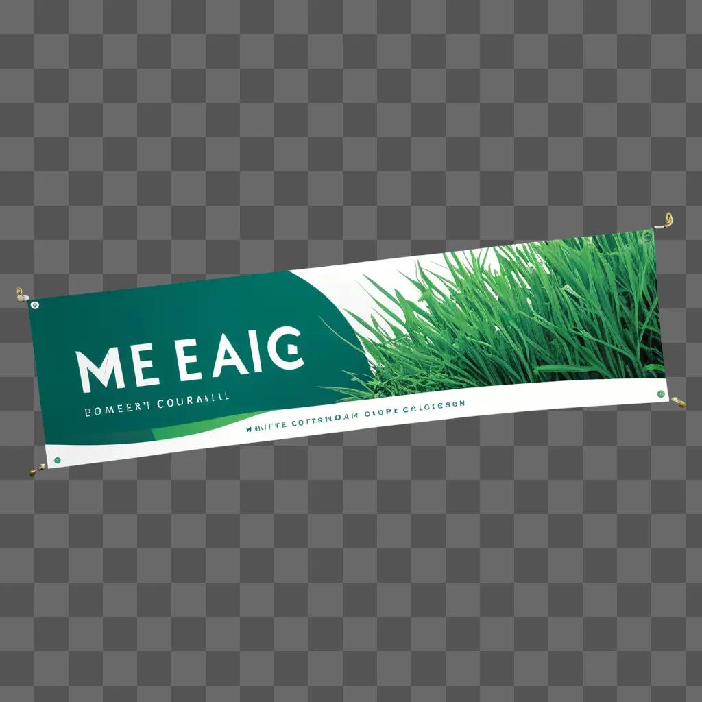 Green banner with grass and text