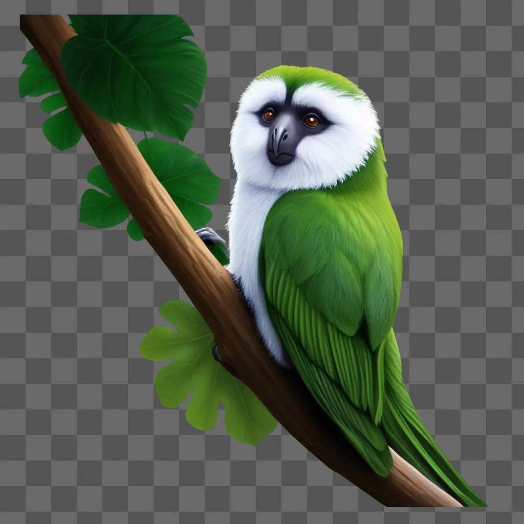 Green bird with white and black face perched on branch